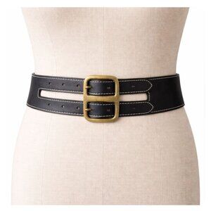 Per Se Women’s Medium Black Leather Y2K Wide statement Belt Double Buckle Italy